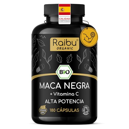 Maca Negra BIO Pura - 12.800 mg de Maca Negra Peruana Original (equivalente a 3.200 mg por dosis diaria) - Energía y Potencia para Hombres - Con Vitamina C Natural - 180 Cápsulas Veganas