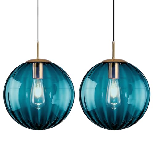 Modern Blue Glass Pendant Light, Kitchen Island Lighting 2-Pack Globe