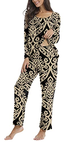 Taohuadao Womens Fall 2 Piece Pajama Sets, Long Sleeve Pleated Tunic Tops With Comfy Pants, Lounge Sleepwear Ladies Pjs Sets With Pockets 2Xl, Fl Khaki #TOP2