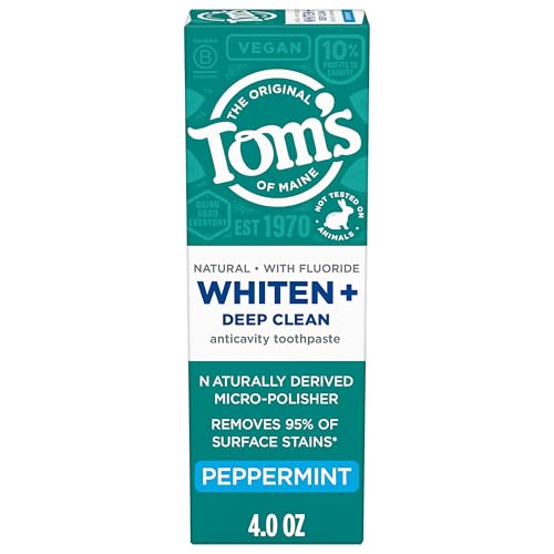 Tom’s of Maine Whiten Plus Deep Clean Whitening Toothpaste with Fluoride, Natural Whitening Toothpaste with Plant-Based Cleansers, Enamel Safe Formula, Peppermint, 4.0 oz