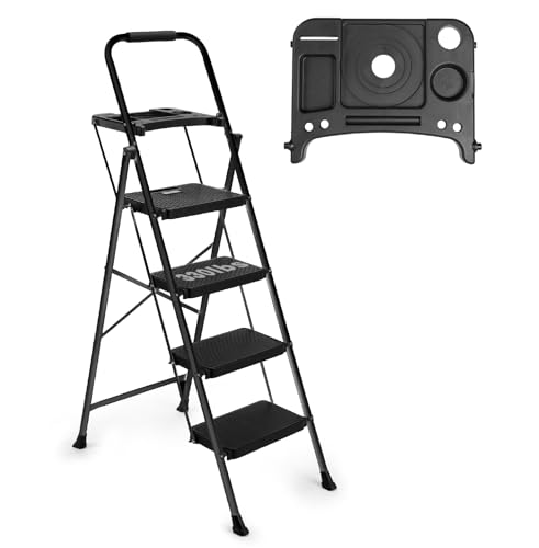 4-Step Ladder with Wide Anti-Slip Platform & Thick Rubber Feet | Heavy Duty Foldable & Portable | 330 lbs Capacity Steel Frame Rubber Handgrip Folding Step Stool
