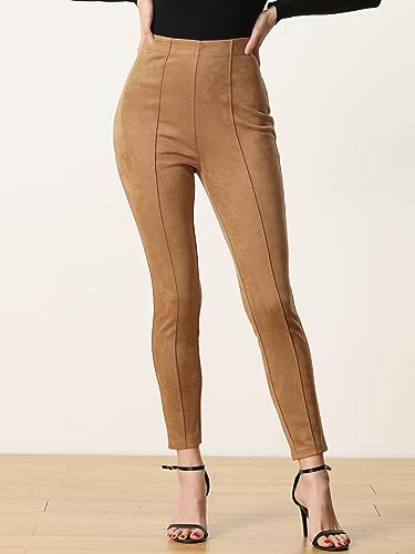 Allegra K Women's Faux Suede Leggings High Waisted Stretch Casual Faux Leather Pants for Women2