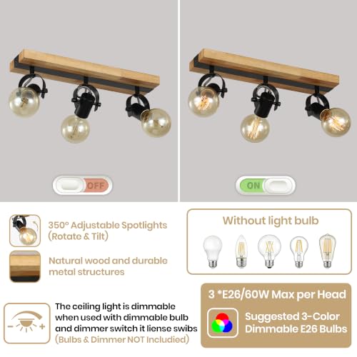 Image of 3‑Light Track Ceiling Light, Industrial Wood Spot Light Fixture, Adjustable Direction Ceiling Spotlight, Vintage Metal & Wood Ceiling Lamp for Kitchen E26 Base (Bulbs Not Included)