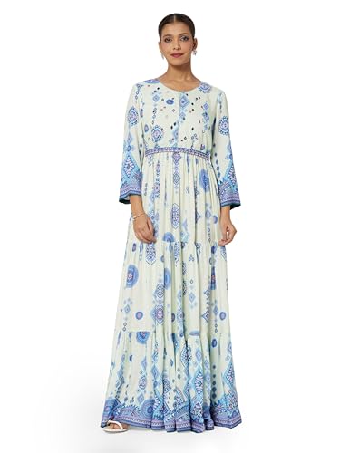 Image of BIBA Women Viscose Rayon Tiered Printed Dress