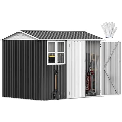 DWVO 10' x 8' Outdoor Storage Shed, Waterproof Metal Garden Shed with Windows, Lockable Doors, and Sloped Roof for Patio, Backyard, Lawn, Tool Storage, Bike Shed, Pet Shelter (Gray + White)