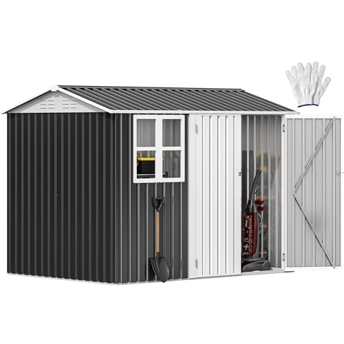 Image of DWVO 10' x 8' Outdoor Storage Shed, Waterproof Metal Garden Shed with Windows, Lockable Doors, and Sloped Roof for Patio, Backyard, Lawn, Tool Storage, Bike Shed, Pet Shelter (Gray + White)