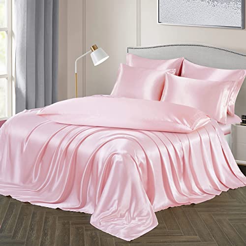 Image of Ersmak 7 Pieces Satin Sheets Set Full Size, Luxury Silky Blush Pink Satin Bed Sheets Set with 1 Deep Pocket Fitted Sheet, 1 Soft Flat Sheet, 4 Queen Pillowcases and 1 Body Pillowcase