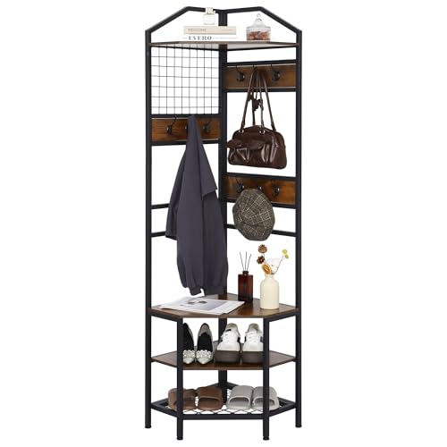 SIMHOMSTOR Heavy Duty Corner Hall Tree Organizer 3-in-1 Industrial Freestanding Coat Storage Rack with Hooks and 4 Wooden Shelves for Entryway Black