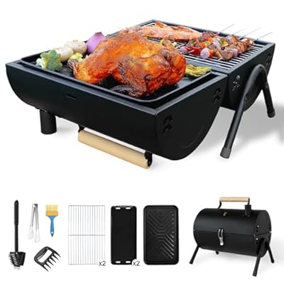Elletwinkle Portable Charcoal Grill Barbecue Grill Folding Set Double Sided +Barbecue Pan Net+6PCS Tools for Outdoor Camping BBQ Grilling Backyard Party Cooking Chimney Tabletop Grill & Grilling Black