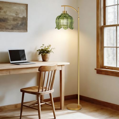 Image of QIYIZM Glass Floor Lamp for Living Room,Bedroom,Gold Dimmable Standing Lamp with Remote,Mid Century Modern Brass Tall Lamp Boho Vintage Floor Lamps Arc Green Tulip Flower Floor Light Lamp Bohemian