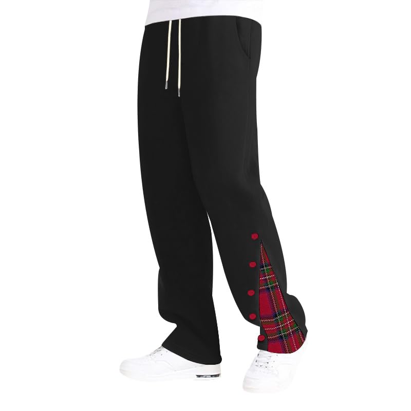 Men Autumn/Winter Straight-Leg Pants Basketball Button Down Sports Jogging Pants Drawstring Chequered Trousers