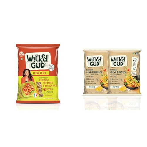Image of WickedGud 2X Fiber Penne Pasta | No Maida | Durum Wheat Semolina | Brown Rice | Red Lentils | + WickedGud Hakka Noodles, Pack of (200gm x 2) | Whole Wheat | Lentils | Oats | No Maida | No Oil