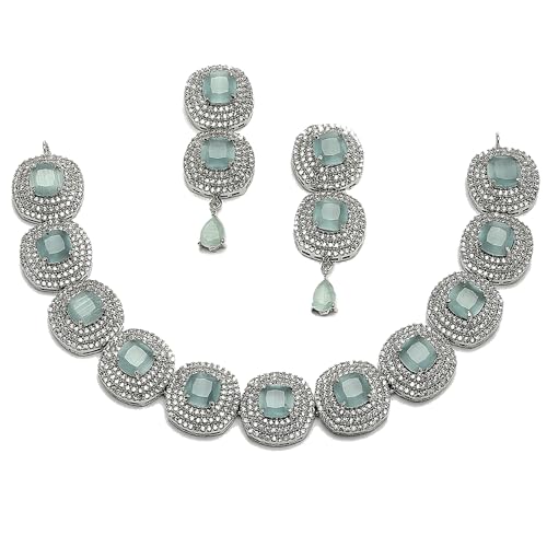 Image of ZENEME Rhodium Plated Silver Toned Triangular Shaped American Diamond Studded Jewellery Set For Women and Girl