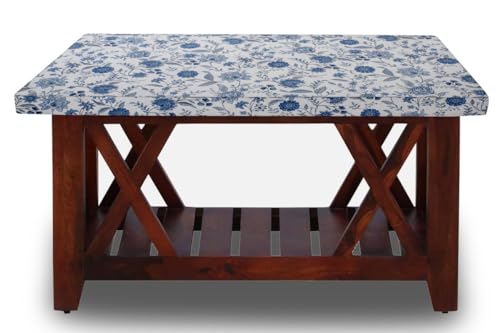 Image of The Furnishing Tree Elastic Cotton Rectangular Center Table Cover 24x60 in Inches Floral Blue on White Base