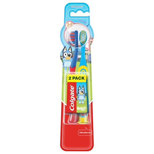 Colgate Kids Bluey Toothbrush 3-5 Years Childrens Toothbrush x2 Small Brush Head for Easy Access Extra Soft Bristles for Gentle Cleaning Rounded Handle for Comfortable Grip