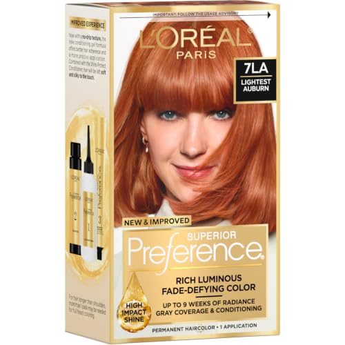 L'Oreal Paris Superior Preference Luminous Fade-Defying Permanent Hair Color, Hair Dye For Up to 9 Weeks of Radiance, Lightest Auburn 7LA, 1 Hair Dye Kit