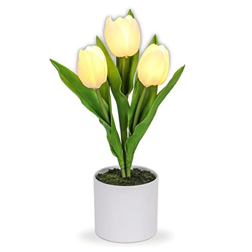 Flores artificiales en macetas con luz LED, tulipanes falsos blancos, tacto real, ramo de flores sintéticas, lámpara de noche, regalo para el hogar, boda, oficina, interior, mesa, centro de mesa