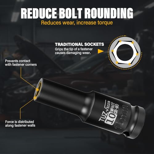 Image of 1 /2 Inch Drive 10mm Deep Metric Impact Socket,CR-MO,6 Point Radius Corner Design,Square Chamfered Opening,Axle Nut Impact Grade Socket for Easy Removal