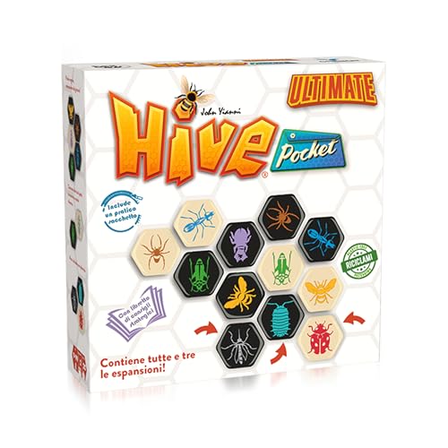 Hive Pocket Ultimate – Jeu de stratégie pour 2 joueurs – Comprend les extensions coccinelle, moustique et onisco – 2 gouttes – 9+ ans – 20 minutes – édition italienne