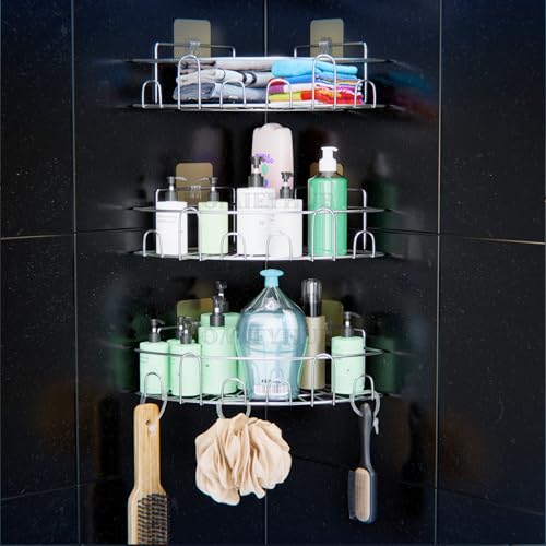 Image of Stainless Steel Corner Shelf for Bathroom & Kitchen | No Drill Self Adhesive Wall Mounted Storage Organizer for Washroom | Wall Mount Rustproof Bathroom Organiser Shelves (Pack of 3)