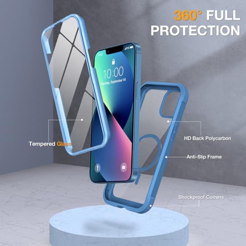 Image of Miracase for iPhone 13 Case 6.1'', [Bubble Free] Full-Body Bumper Phone case with Built-in Full Glass Screen,No Gap,Compatible with MagSafe,Blue