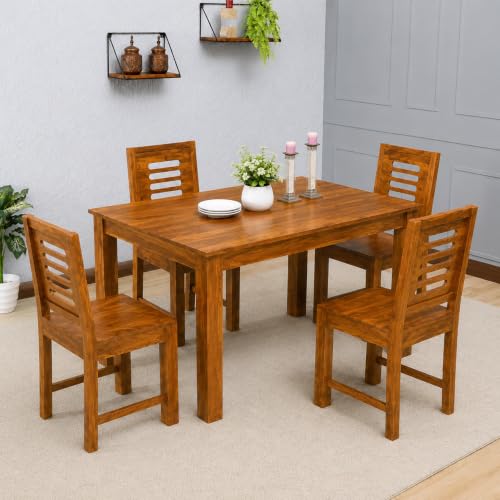 Image of Solid Sheesham Wood 4 Seater Dining Table Set with 4 Chairs, Teak Finish, Wooden Dining Set for Home & Kitchen, Basic Assembly Required