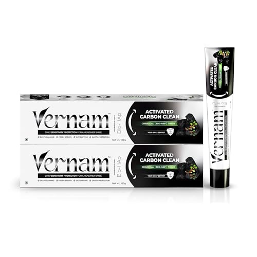 Image of Vernam Charcoal Whitening Toothpaste 2 x 100g | Timur Wood Activated Charcoal & Hydroxyapatite | Enamel Repair & Stain Removal | Fluoride-Free Anti Cavity, Gum Care | Vegan | 6% Bio-HAP, Fluoride Free & Activated Charcoal for Brighter Teeth
