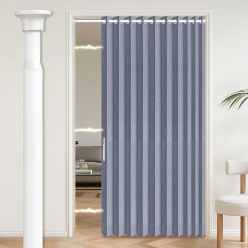 Image of AJAZZ Blackout Accordion Door Curtain with Curtain Rods 39-52 in Length, Invisible Magnetic Door Curtain for Bedroom Living Room Doorway Curtains Set, 1 Panel, W55 x L80 inch, Dark Blue