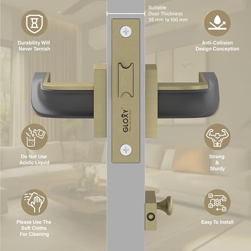 Image of GLOXY Brass Door Lock for Bathroom Door Lock, Balcony Store Room Door knob Lock, Mortise Keyless Handles Set with Brass Baby Latch for Bedroom |Antique & Black Finish (2 Years of Warranty, Pack of 1)