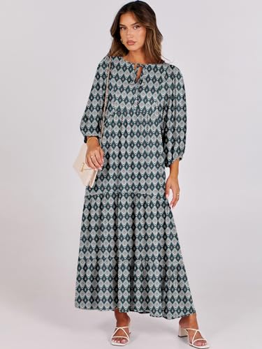 Image of ANRABESS Womens Boho Floral 3 /4 Puff Sleeve Maxi Dress | Tiered Flowy Loose Fit, Comfy Soft Rayon Fabric, Wedding Guest Church Beach, Modest Elegant, Spring Summer Fall Outfits