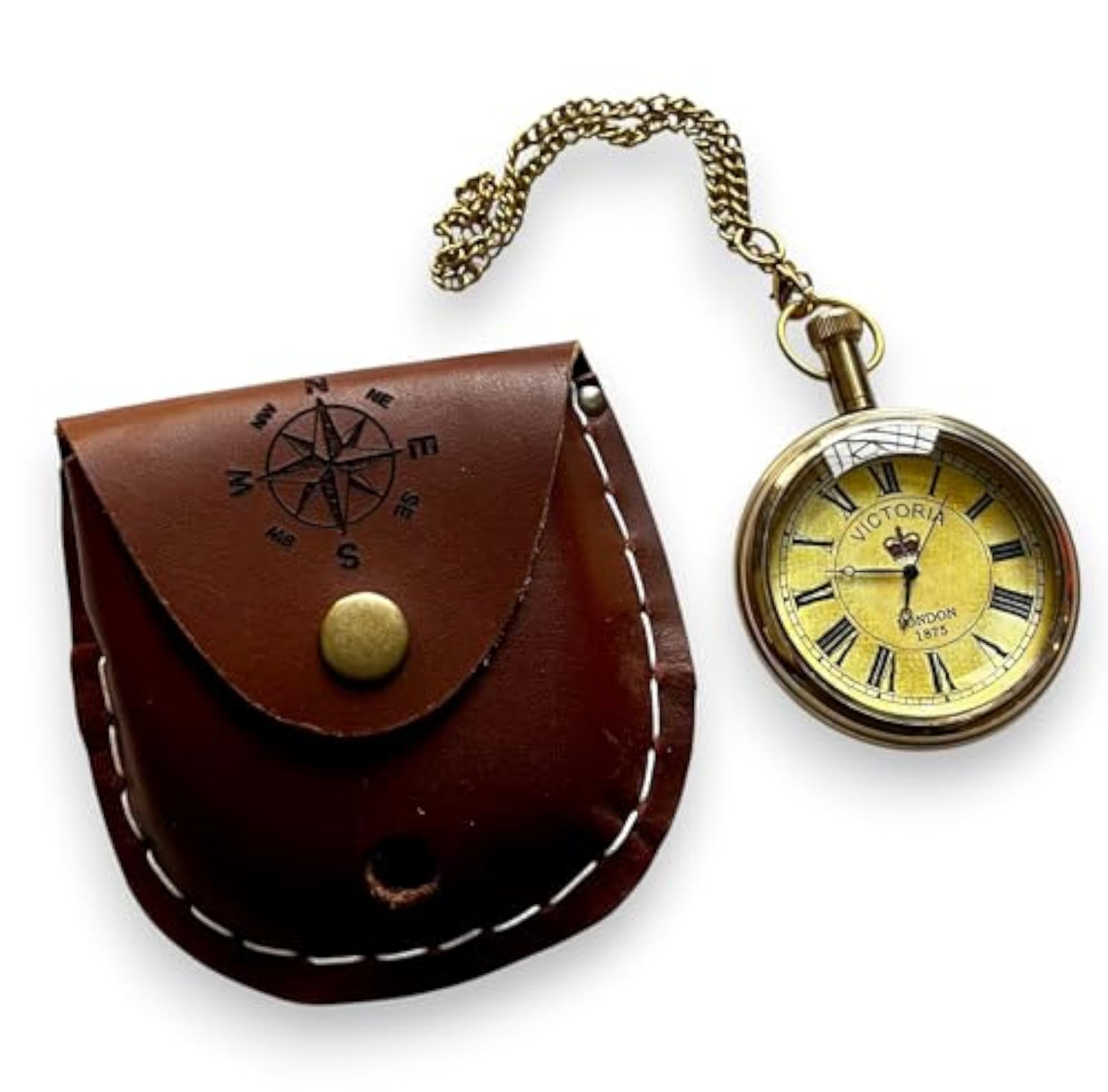 Brass Pocket Watch Chain with Leather Case