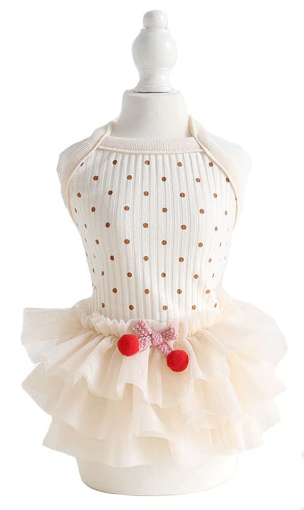 MaruPetSummer Sweety Puppy Doggie Round Neck Dots Printed Camisole Dress with Cherry for Small, Extra Small Dog Teddy, Pug, Chihuahua, Shih Tzu, Yorkshire Terriers Apricot S