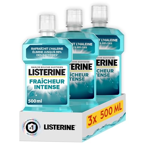 Listerine – Bain de Bouche Quotidien Fraîcheur Intense (lot de 3 bouteilles de 500 ml) – Bain de bouche pour combattre les bactéries – Goût intense...