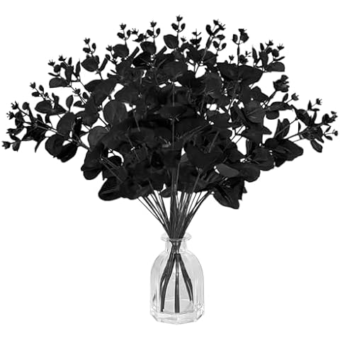 Niurewan 10 Pcs Black Artificial Eucalyptus Stems,14" Faux Eucalyptus Leaves Branches Bouquet,Black Silk Flowers for Home Halloween,Flower Arrangement DIY,Farmhouse Decor Cover