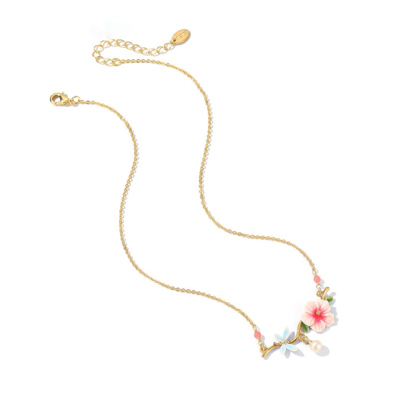 Pink Flower And Dragonfly Pearl Enamel Pendant Necklace Jewelry Gift2