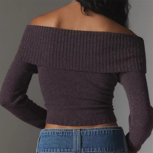 Image of Women Off The Shoulder Sweater Y2k Long Sleeve Boat Neck Knit Cropped Pullover Tops Fall Trendy Going Out Streetwear