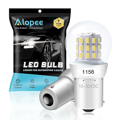 Alopee 1156 LED Bulb White Super Bright Non Polarity DC 9-30V Replacement for P21W 7506 1141 5008 Reverse Turn Signal Brake Lights Motorcycle Lawn Tractor Light, Pack of 2