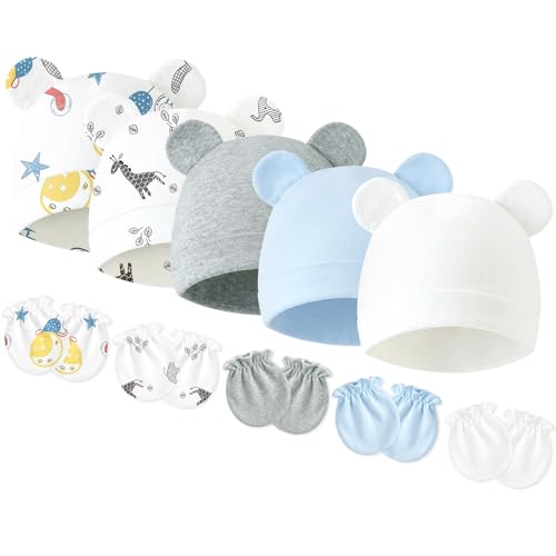 Newborn Baby Hats and Mittens Set Cotton Infant Baby Boy Girl Bear Ears Caps and Mittens for 0-3 Months (Blue+Multi)