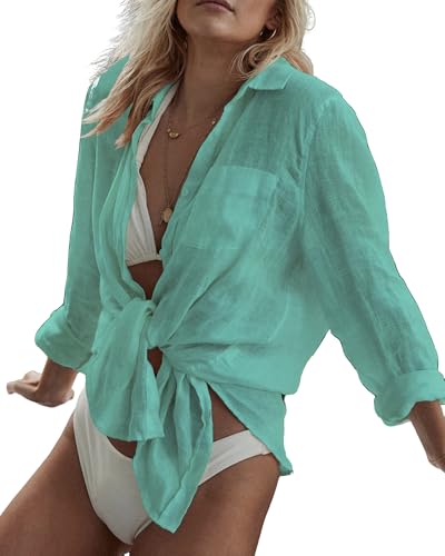 Image of Bsubseach Women Long Sleeve Beach Shirt Blouses Bathing Suit Cover Up Button Down Collar