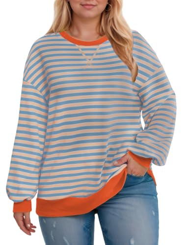 Image of ROSRISS Womens-Plus-Size-Oversized-Sweatshirts Striped Colorblock Long Sleeve Shirts Casual Crewneck Pullover Sweaters XL-5XL
