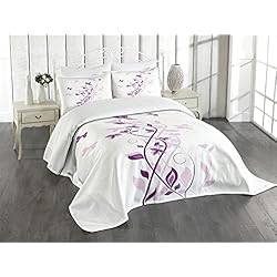 Cubrecama Morado ABAKUHAUS Púrpura Cubrecama, Árbol Violeta Espirales Persas Flores Lilas Adornos de Mariposa Planta Gráfico, Objeto Decorativo Lavable, 170 x 220 cm, Púrpura