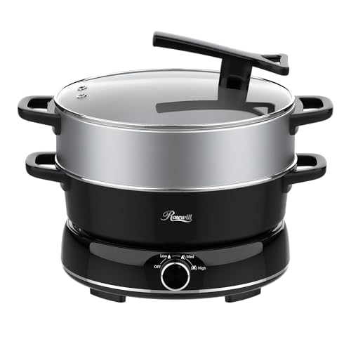 Image of Rosewill 12.7 QT Electric Hot Pot Slow Cooker with Multiple Functions, Split Design with 11.8 inch Wider Cooking Pot and SUS Steam Basket, 1600W High Power, Includes Utensils - Black