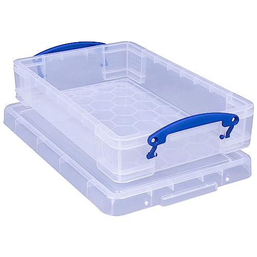 Image of Really Useful Box 4 Liter Plastic Stackable Storage Container w /Snap Lid & Built-In Clip Lock Handles for Home & Office Organization, Clear (2 Pack)