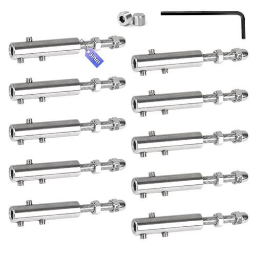 SUPAWAY Pack de 10 Tensores para cable 5 mm – Abrazadera inoxidable con espárrago y llave Allen, Perfecto para tensar y asegurar cables en jardines, terrazas o barcos