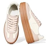 Tscoyuki Platform Women's Fashion Sneakers Casual Spring Shoes Non Slip Lightweight Walking Shoes Lace-Up Thick Sole Chunky Tennis Shoe Nude Pink