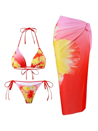 Image of ZAFUL Women's 3 Piece Swimsuit Floral Halter Triangle String Bikini Tie Side Bottom with Boho Cover Up Skirt
