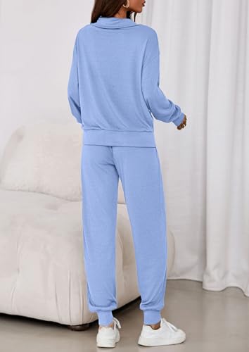 Image of PRETTYGARDEN Women 2 Piece Ribbed Knit Matching Lounge Sets | Comfy Sweat Track Suits, Athleisure Casual Outfit, Half Zip Sweatshirt & Jogger Pants, Fall Winter Clothes for Airport Travel