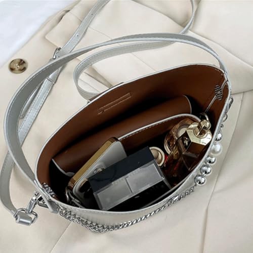 Bow Purse 2 Pcs Bow Purse with Pearl Mini Top Handle Bucket Bag Pearl Chain Crossbody Shoulder Bags Trendy Gift4