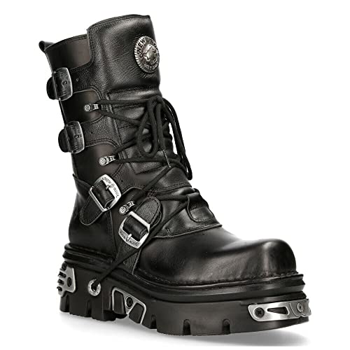 New Rock 373-S4 Metallic Black Leather Women's Gothic Mid Calf Punk Goth Boots with Lace up and Buckle Fastening