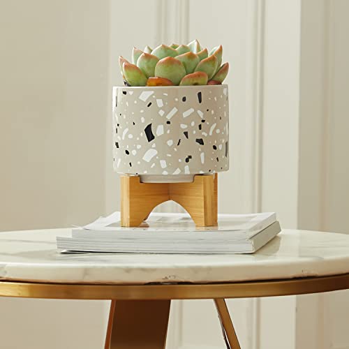 Tengsan Ceramic Planter With Bamboo Stand, 5.1 Inch Cute Ceramic Terrazzo Pattern Plant Pot For Indoor Or Outdoor Flowers Modern Decorative, Home Desktop Office Windowsill Decoration Gift(Grey) #TOP2